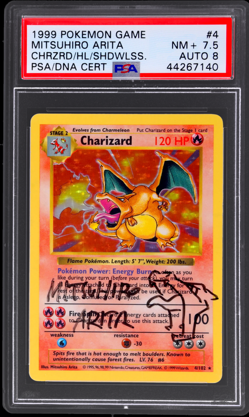 1999 POKEMON BASE SET SHADOWLESS HOLO CHARIZARD #4 ARITA AUTO 8 PSA 7.5