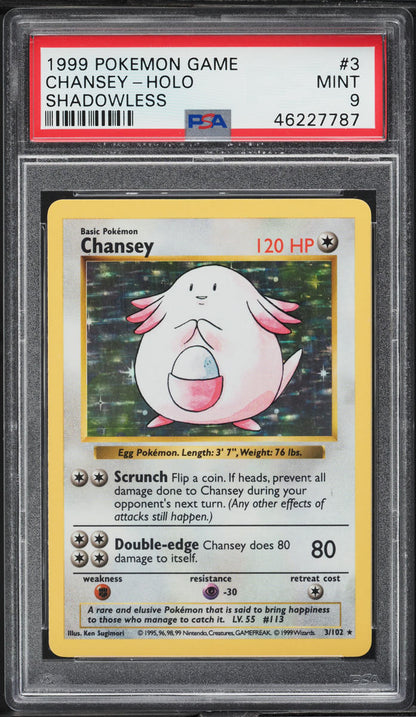 1999 POKEMON BASE SET SHADOWLESS HOLO CHANSEY #3 PSA 9 MINT