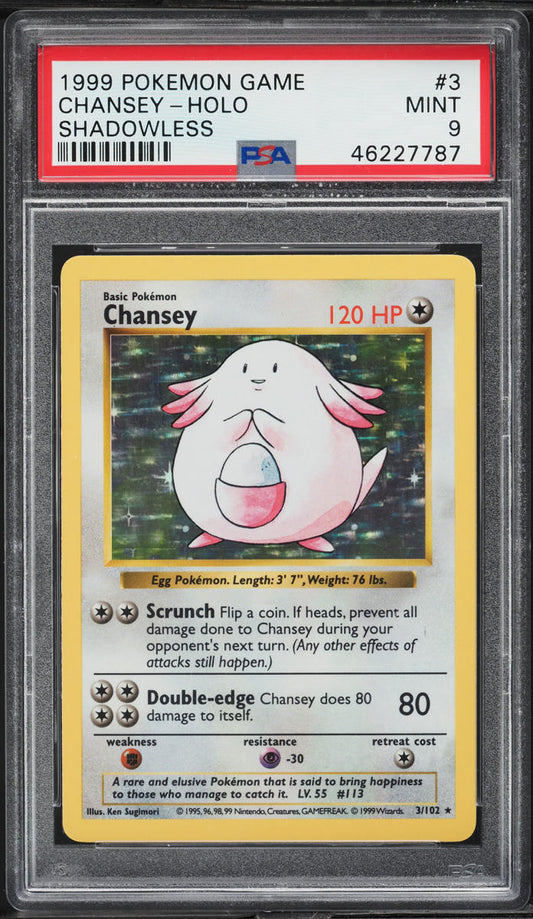 1999 POKEMON BASE SET SHADOWLESS HOLO CHANSEY #3 PSA 9 MINT