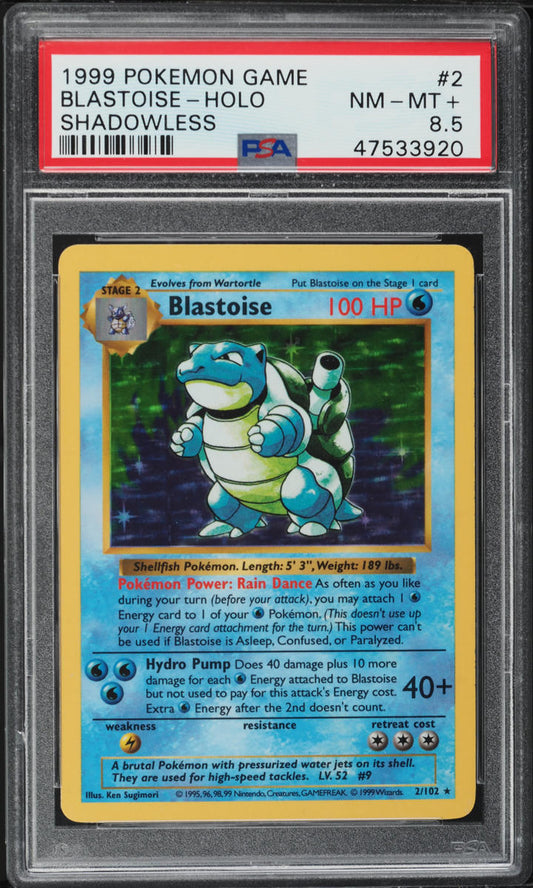 1999 POKEMON BASE SET SHADOWLESS HOLO BLASTOISE #2 PSA 8.5 NM-MT+