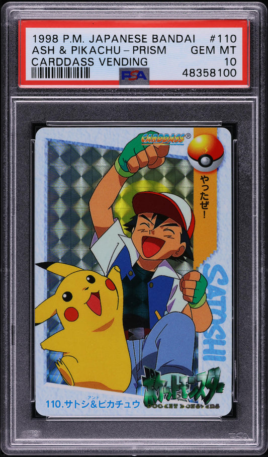 1998 POKEMON JAPANESE BANDAI CARDDASS VENDING PRISM ASH & PIKACHU #110 PSA 10 GEM MINT