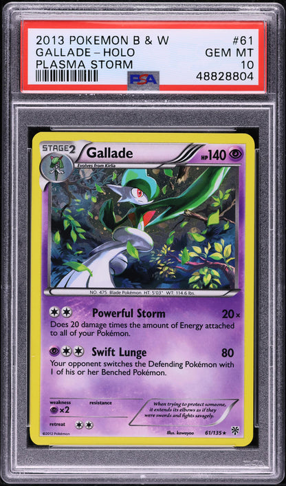 2013 POKEMON BLACK & WHITE PLASMA STORM HOLO GALLADE #61 PSA 10 GEM MINT