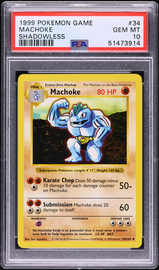 1999 POKEMON BASE SET SHADOWLESS MACHOKE #34 PSA 10 GEM MINT