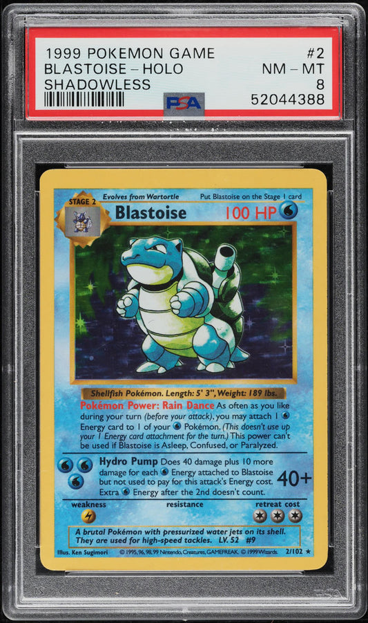 1999 POKEMON BASE SET SHADOWLESS HOLO BLASTOISE #2 PSA 8 NM-MT