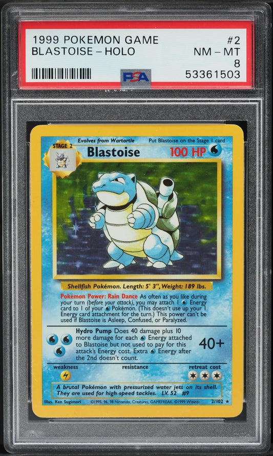 1999 POKEMON BASE SET HOLO BLASTOISE #2 PSA 8 NM-MT