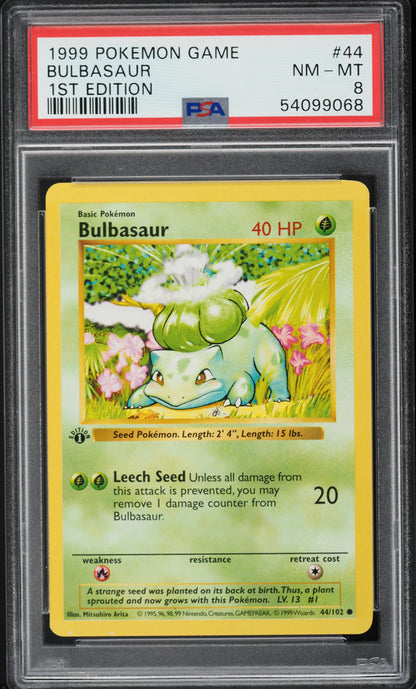 1999 POKEMON BASE SET SHADOWLESS 1ST EDITION BULBASAUR #44 PSA 8 NM-MT