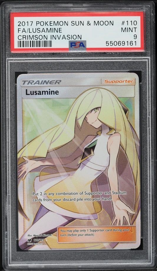 2017 POKEMON SUN & MOON CRIMSON INVASION FULL ART LUSAMINE #110 PSA 9 MINT