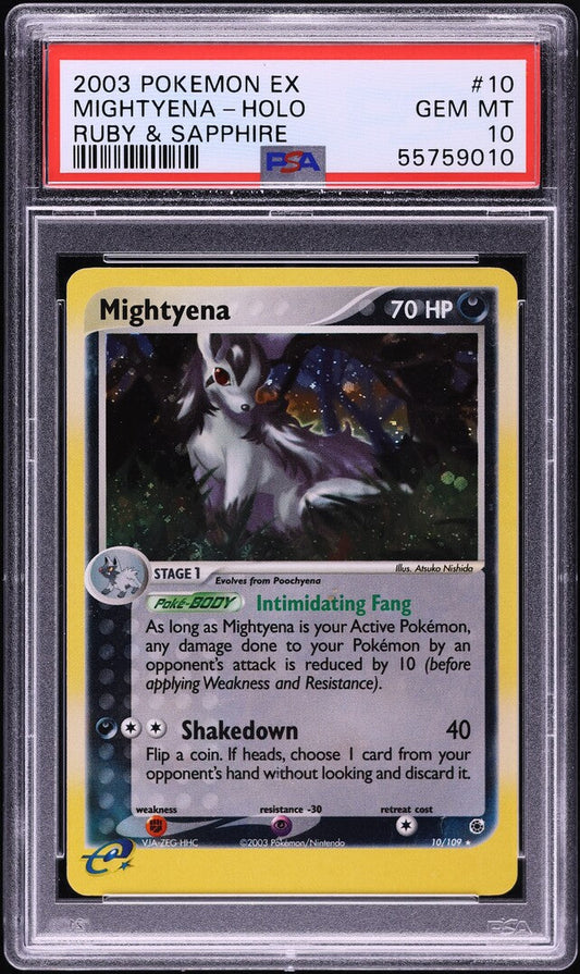 2003 POKEMON EX RUBY & SAPPHIRE HOLO MIGHTYENA #10 PSA 10 GEM MINT