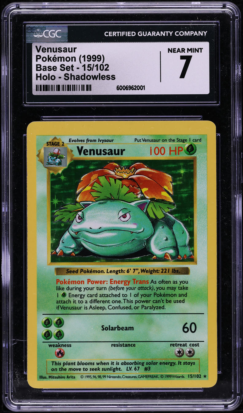 1999 POKEMON BASE SET SHADOWLESS HOLO VENUSAUR #15 CGC 7 NRMT