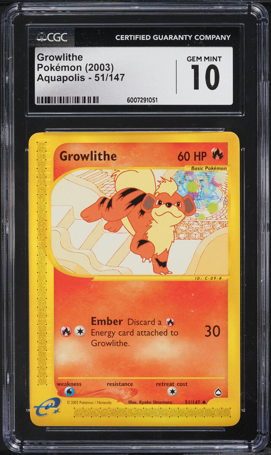 2003 POKEMON AQUAPOLIS GROWLITHE #51 CGC 10 GEM MINT