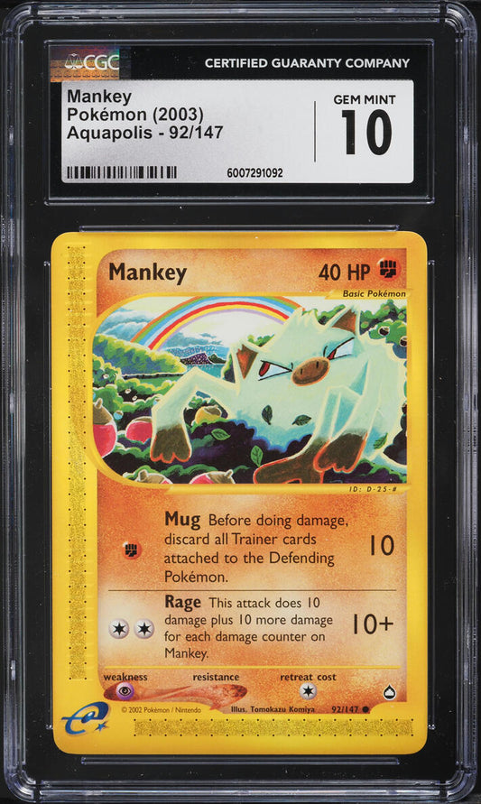 2003 POKEMON AQUAPOLIS MANKEY #92 CGC 10 GEM MINT