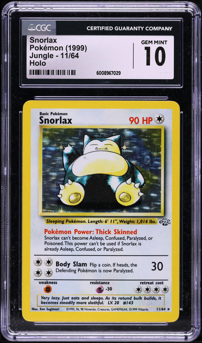 1999 POKEMON JUNGLE HOLO SNORLAX #11 CGC 10 GEM MINT