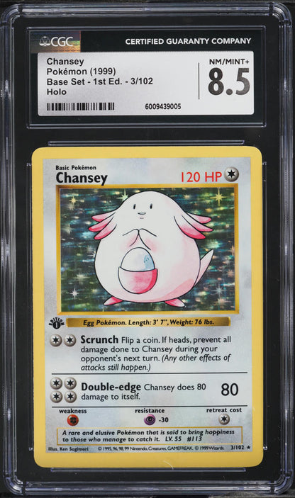 1999 POKEMON BASE SET SHADOWLESS 1ST EDITION HOLO CHANSEY #3 CGC 8.5 NM-MT+