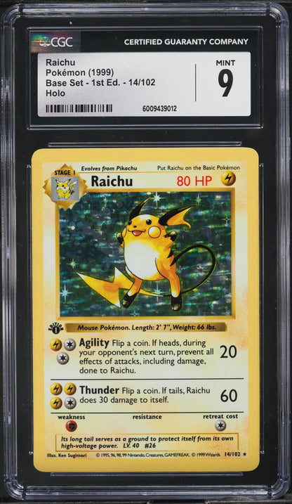 1999 POKEMON BASE SET SHADOWLESS 1ST EDITION HOLO RAICHU #14 CGC 9 MINT