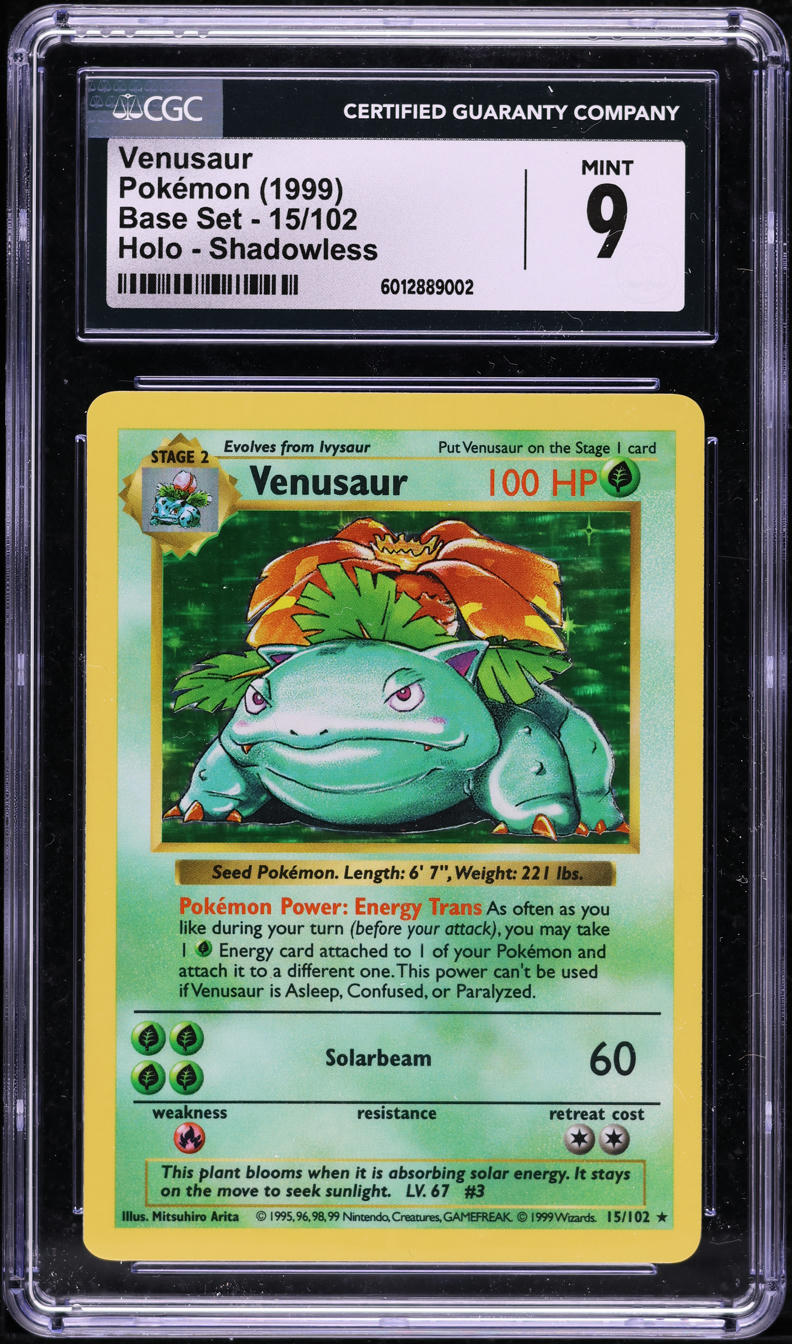 1999 POKEMON BASE SET SHADOWLESS HOLO VENUSAUR #15 CGC 9