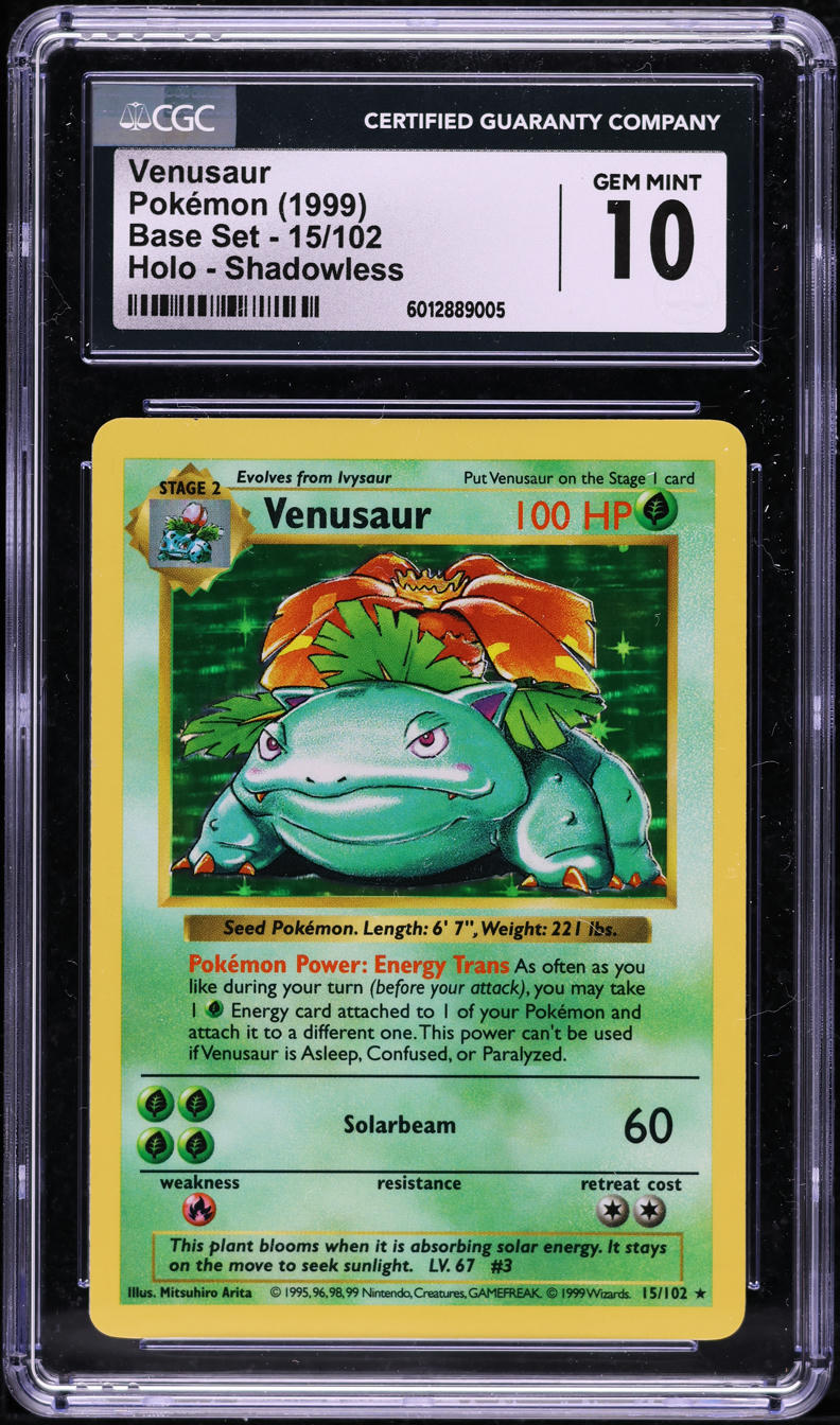 1999 POKEMON BASE SET SHADOWLESS HOLO VENUSAUR #15 CGC 10 GEM MINT