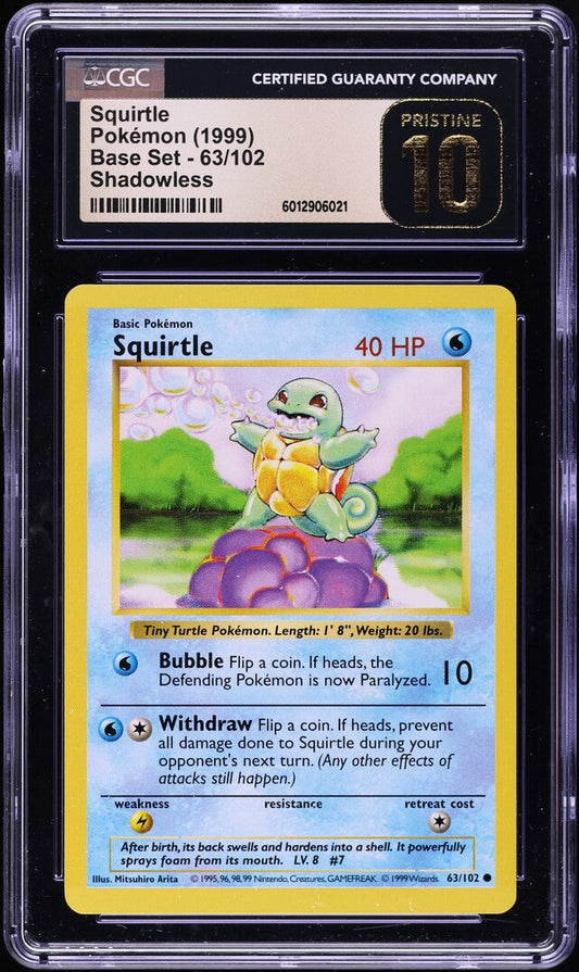 1999 POKEMON BASE SET SHADOWLESS SQUIRTLE #63 CGC 10 PRISTINE