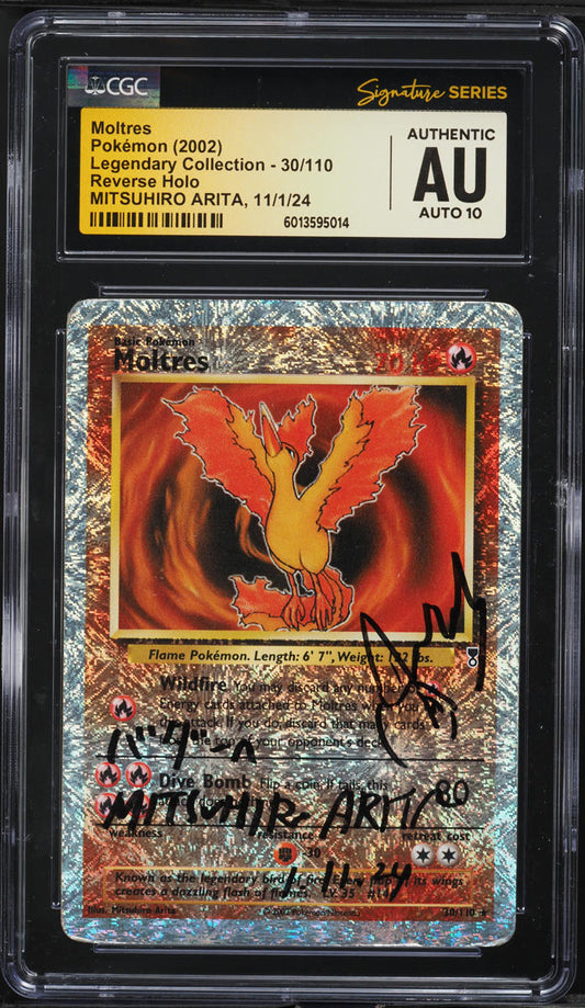 2002 POKEMON LEGENDARY COLLECTION REVERSE HOLO MOLTRES #30 ARITA AUTO 10 CGC AUTH