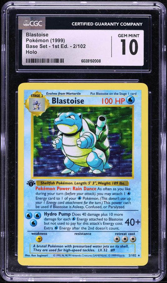 1999 POKEMON BASE SET SHADOWLESS 1ST EDITION HOLO BLASTOISE #2 CGC 10 GEM MINT