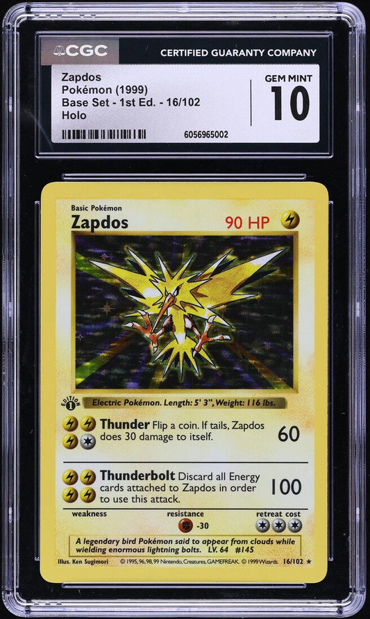 1999 POKEMON BASE SET SHADOWLESS 1ST EDITION HOLO ZAPDOS #16 CGC 10 GEM MINT