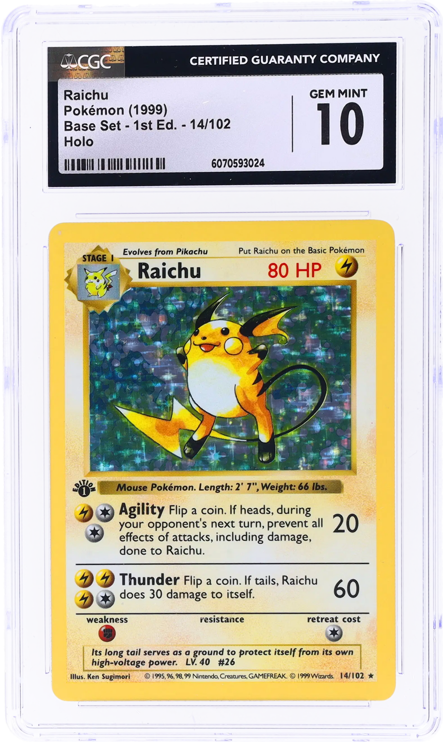 1999 POKEMON BASE SET HOLO 1ST EDITION RAICHU #14 CGC 10