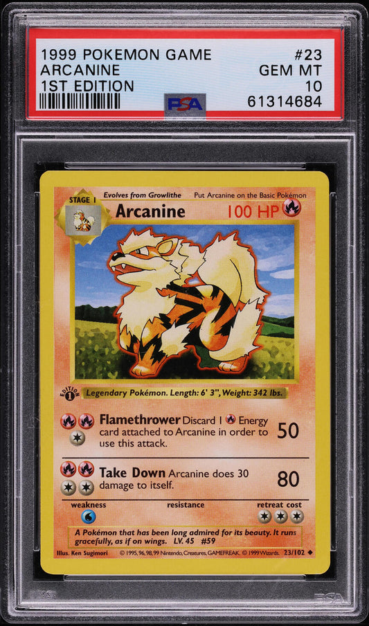 1999 POKEMON BASE SET SHADOWLESS 1ST EDITION ARCANINE #23 PSA 10 GEM MINT