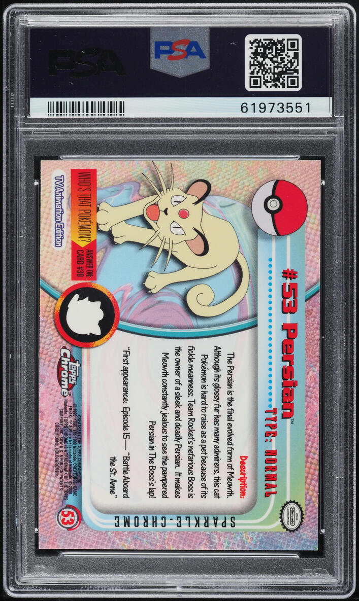 2000 TOPPS CHROME POKEMON SERIES 1 SPARKLE PERSIAN #53 PSA 10 GEM MINT