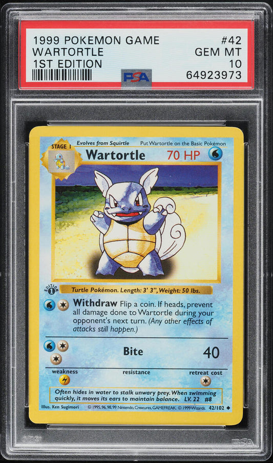 1999 POKEMON BASE SET SHADOWLESS 1ST EDITION WARTORTLE #42 PSA 10 GEM MINT