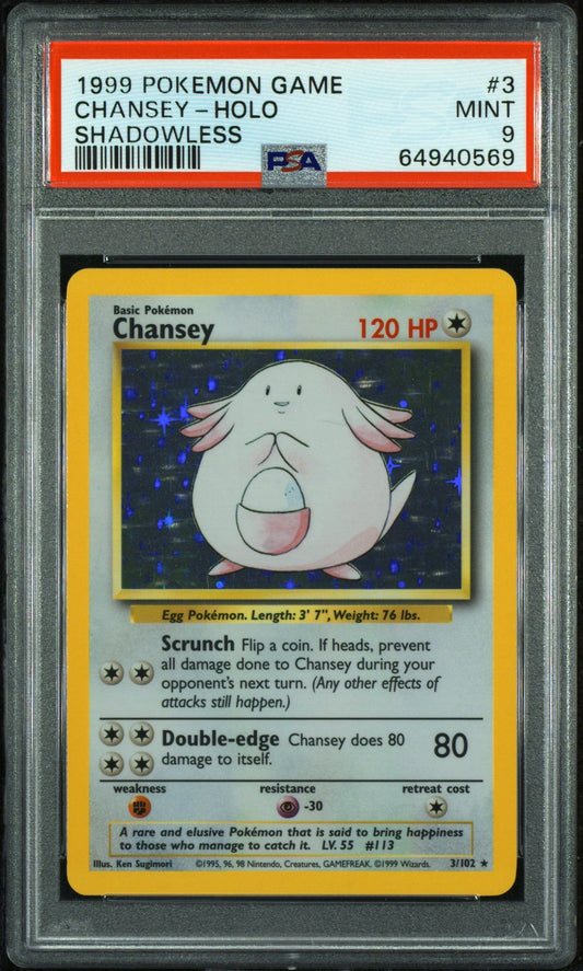 1999 POKEMON BASE SET SHADOWLESS HOLO CHANSEY #3 PSA 9