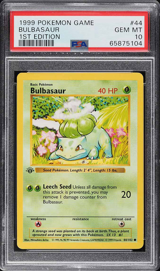 1999 POKEMON BASE SET SHADOWLESS 1ST EDITION BULBASAUR #44 PSA 10 GEM MINT