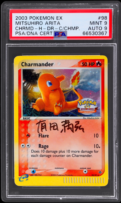 2003 POKEMON EX DRAGON CITY CHAMPIONSHIPS HOLO CHARMANDER #98 ARITA AUTO 9 PSA 9