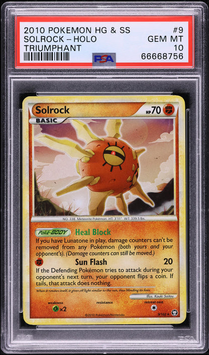 2010 POKEMON HEARTGOLD & SOULSILVER TRIUMPHANT HOLO SOLROCK #9 PSA 10 GEM MINT