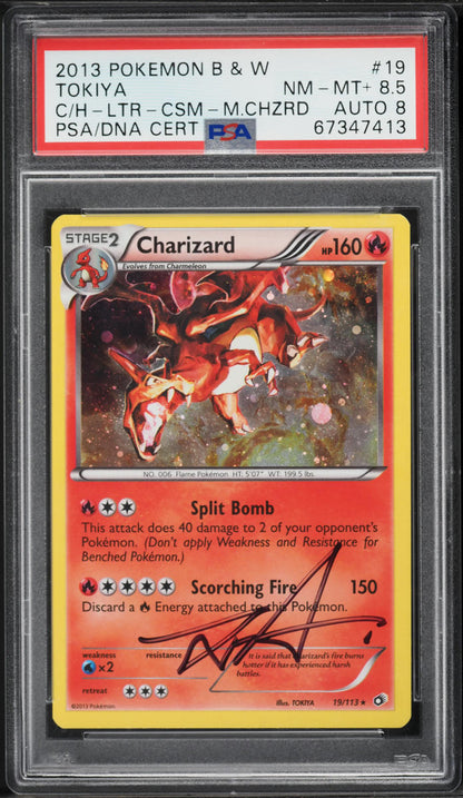 2013 POKEMON BW LEGENDARY TREASURES COSMOS HOLO CHARIZARD #19 TOKIYA AUTO 8 PSA 8.5