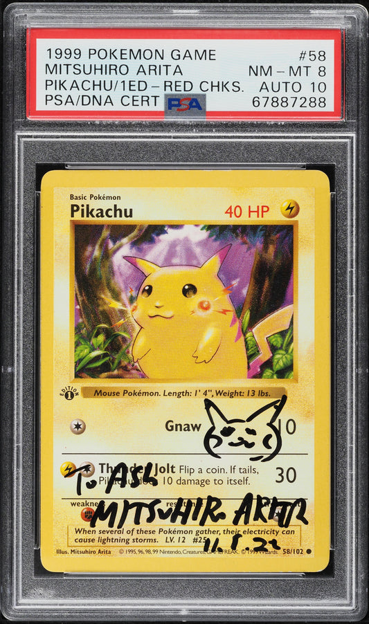 1999 POKEMON BASE SET 1ST RED CHEEKS PIKACHU ARITA AUTO DNA 10 #58 PSA 8