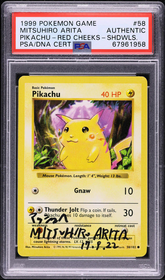 1999 POKEMON BASE SET SHADOWLESS RED CHEEKS PIKACHU #58 ARITA AUTO PSA AUTH