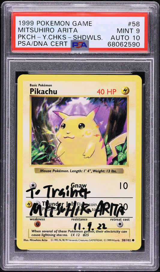 1999 POKEMON BASE SET SHADOWLESS YELLOW CHEEKS PIKACHU #58 ARITA AUTO 10 PSA 9