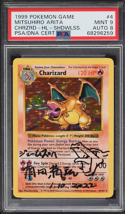 1999 POKEMON BASE SET SHADOWLESS HOLO CHARIZARD #4 ARITA AUTO 8 PSA 9