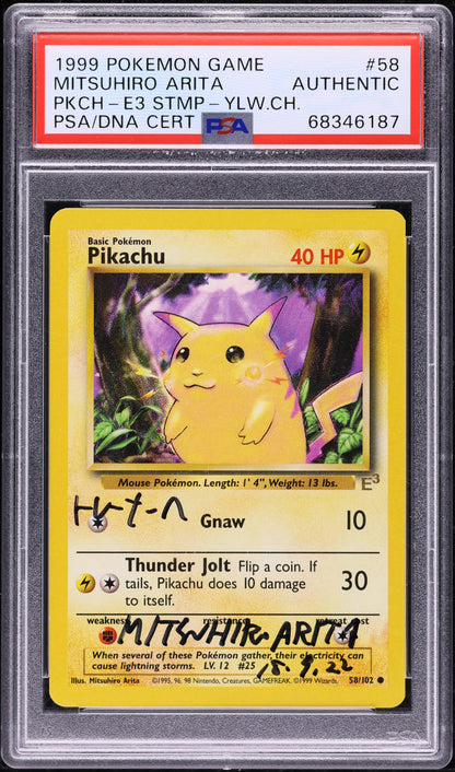 1999 POKEMON BASE SET E3 STAMP YELLOW CHEEKS PIKACHU #58 ARITA AUTO PSA AUTH