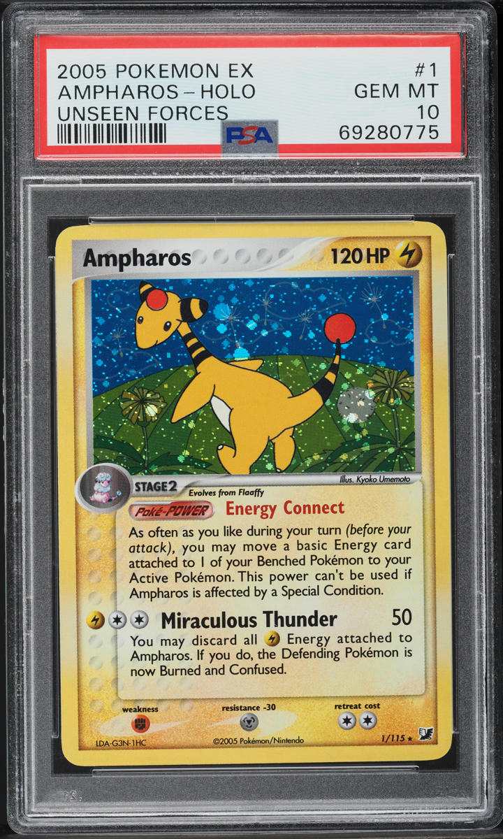 2005 POKEMON EX UNSEEN FORCES HOLO AMPHAROS #1 PSA 10 GEM MINT