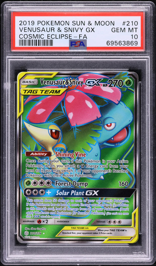 2019 POKEMON SUN & MOON COSMIC ECLIPSE FULL ART VENUSAUR & SNIVY GX #210 PSA 10 GEM MINT