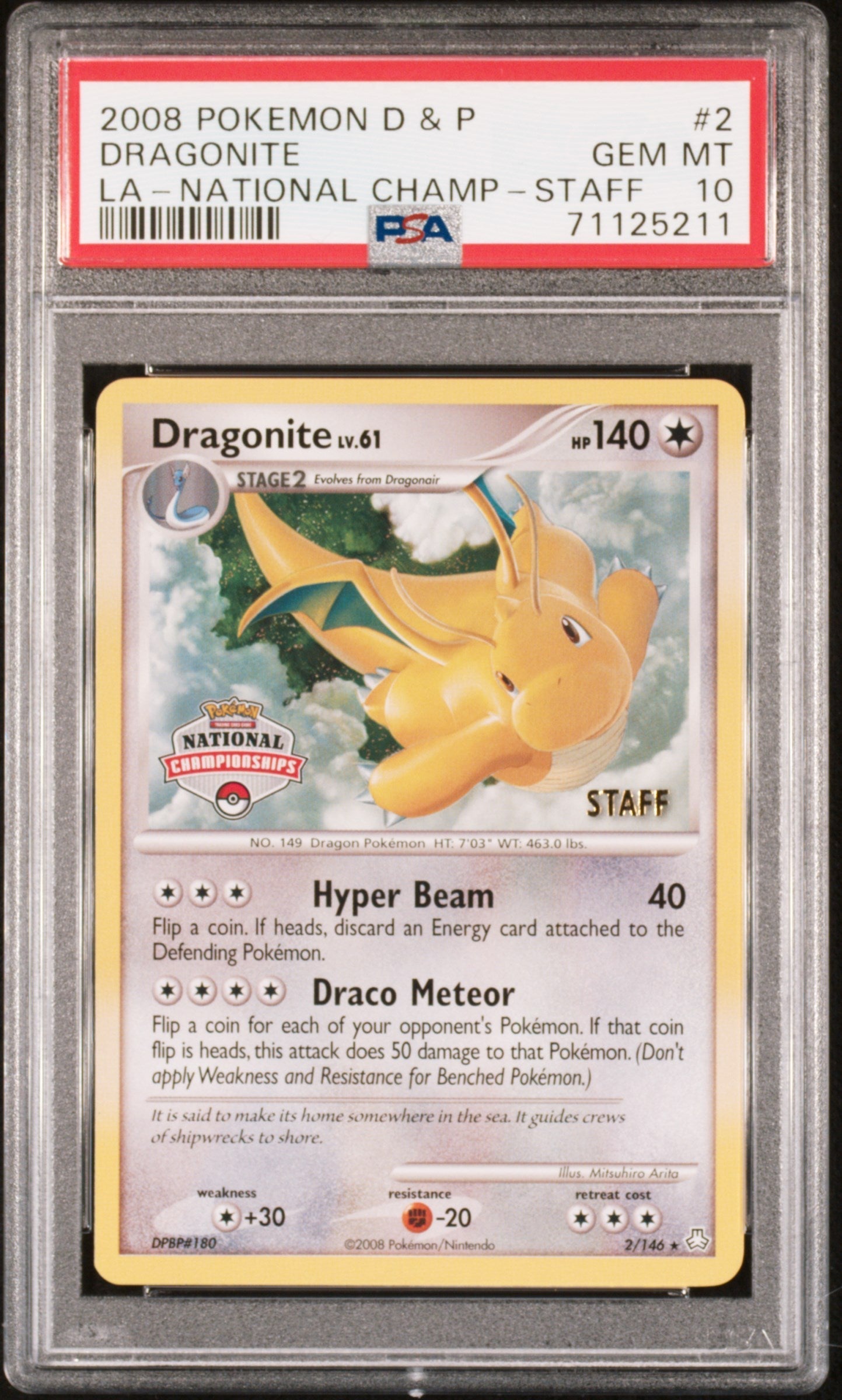 2008 POKEMON DP LEGENDS AWAKENED NATIONAL CHAMPIONSHIPS STAFF DRAGONITE #2 PSA 10