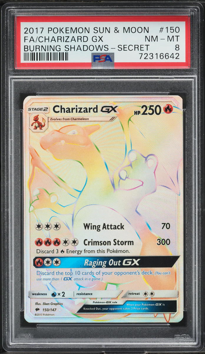 2017 POKEMON SM BURNING SHADOWS HYPER RARE CHARIZARD GX #150 PSA 8 NM-MT