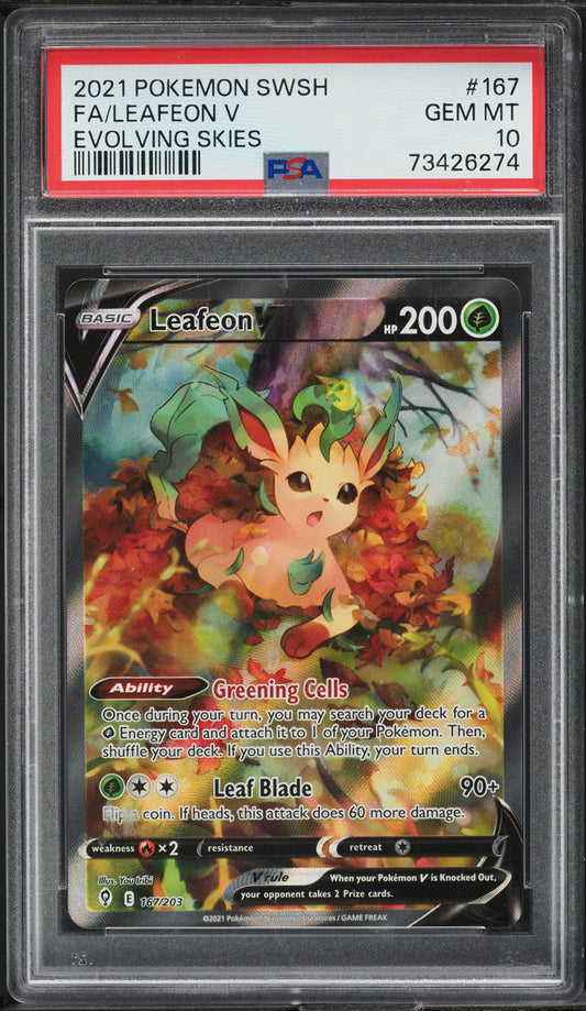 2021 POKEMON SWORD & SHIELD EVOLVING SKIES ALT ART LEAFEON V #167 PSA 10 GEM MINT