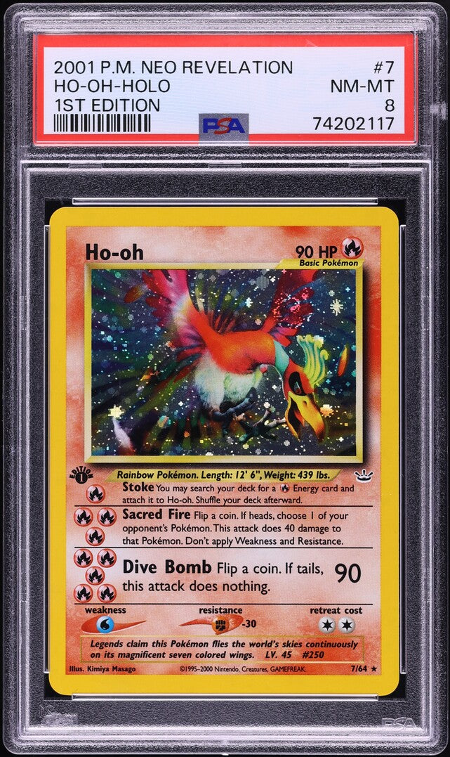 2001 POKEMON NEO REVELATION 1ST EDITION DOUBLE HOLO ERROR HO-OH #7 PSA 8