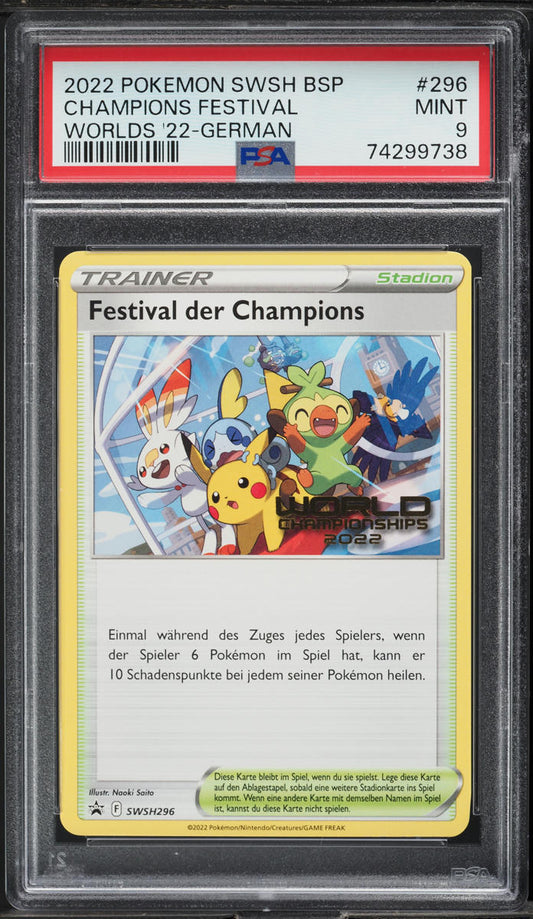 2022 POKEMON GERMAN SWSH BLACK STAR PROMO WORLDS CHAMPIONS FESTIVAL #296 PSA 9