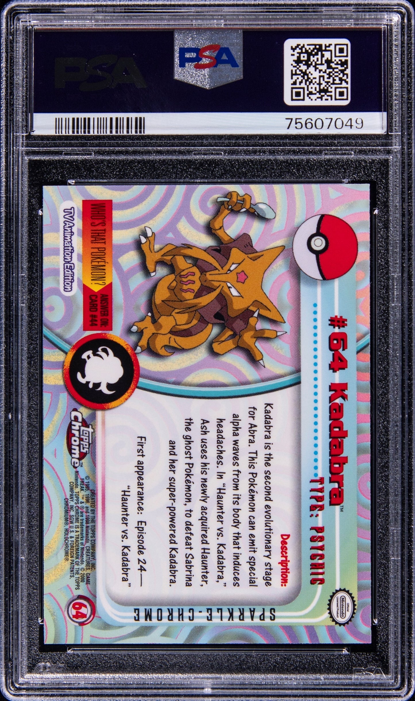 2000 TOPPS CHROME POKEMON SERIES 1 SPARKLE #64 KADABRA PSA 10 GEM MINT