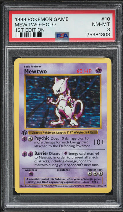 1999 POKEMON BASE SET SHADOWLESS 1ST EDITION HOLO MEWTWO #10 PSA 8 NM-MT