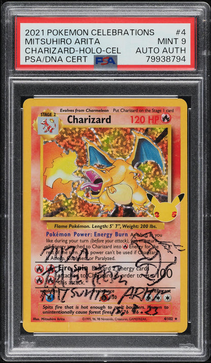 2021 POKEMON CELEBRATIONS CLASSIC BASE SET HOLO CHARIZARD #4 ARITA AUTO AUTH PSA 9