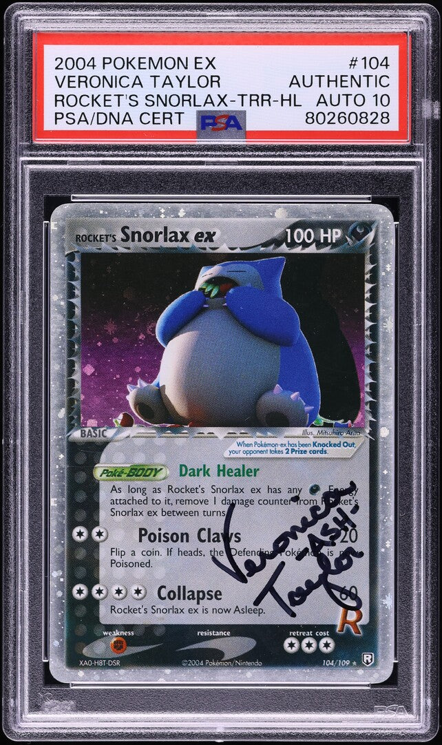 2004 POKEMON EX TEAM ROCKET RETURNS HOLO ROCKET’S SNORLAX EX #104 VERONICA TAYLOR AUTO 10 PSA AUTHENTIC
