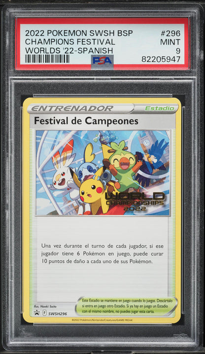 2022 POKEMON SPANISH SWSH BLACK STAR PROMO WORLDS CHAMPIONS FESTIVAL #296 PSA 9